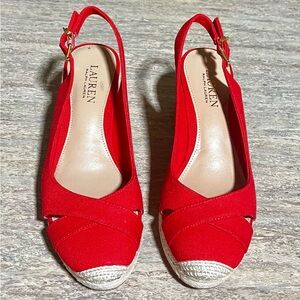 NWOB Lauren Ralph Lauren Hadly red espadrille wedge strapped sandals